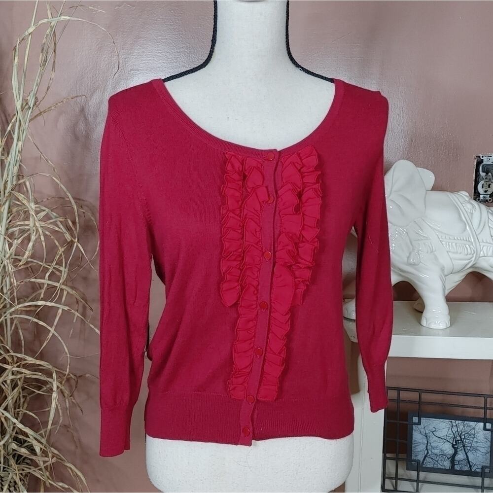 Merona Size Small S Red Button Up Sweater Frill Long Sleeve Chic Cute Classic